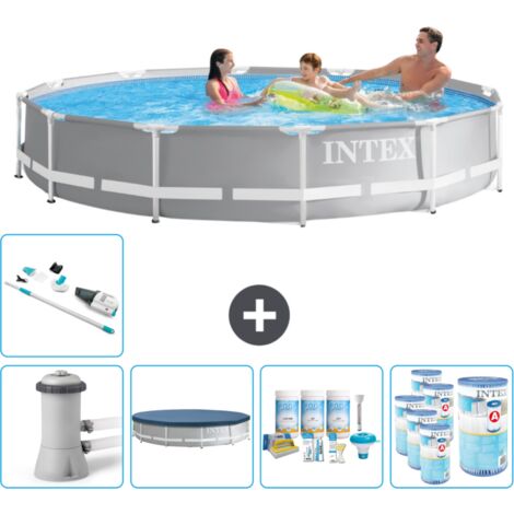 Intex Round Prism Frame Swimming Pool – 366 x 76 cm – Grau – Inklusive Zubehör CB19