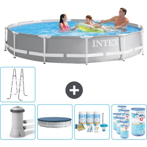 Intex Round Prism Frame Swimming Pool – 366 x 76 cm – Grau – Inklusive Zubehör CB20