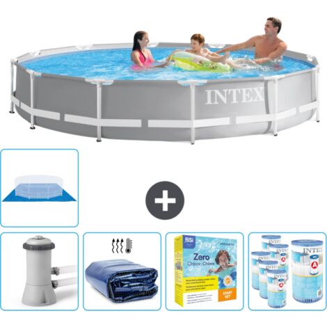 Intex Round Prism Frame Swimming Pool – 366 x 76 cm – Grau – Inklusive Zubehör CB22