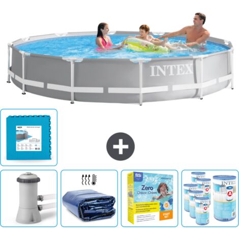 Intex Round Prism Frame Swimming Pool – 366 x 76 cm – Grau – Inklusive Zubehör CB23