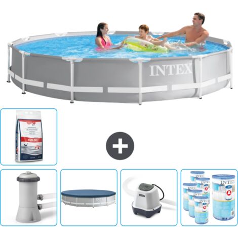 Intex Round Prism Frame Swimming Pool – 366 x 76 cm – Grau – Inklusive Zubehör CB55