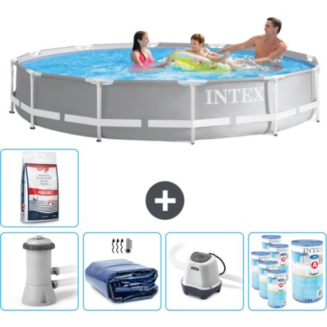 Intex Round Prism Frame Swimming Pool – 366 x 76 cm – Grau – Inklusive Zubehör CB56