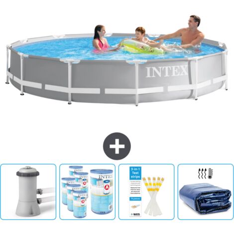Intex Round Prism Frame Swimming Pool – 366 x 76 cm – Grau – Inklusive Zubehör CB86