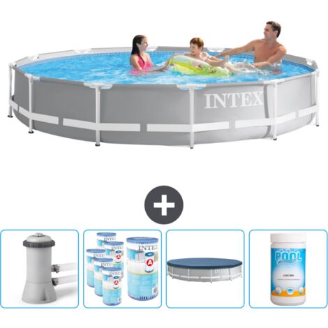 Intex Round Prism Frame Swimming Pool – 366 x 76 cm – Grau – Inklusive Zubehör CB87