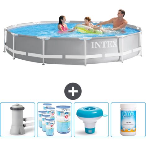 Intex Round Prism Frame Swimming Pool – 366 x 76 cm – Grau – Inklusive Zubehör CB89