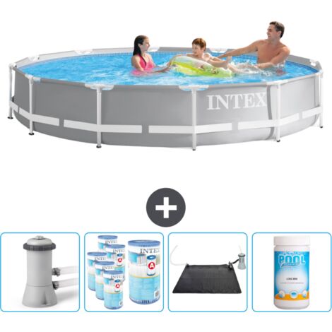 Intex Round Prism Frame Swimming Pool – 366 x 76 cm – Grau – Inklusive Zubehör CB92