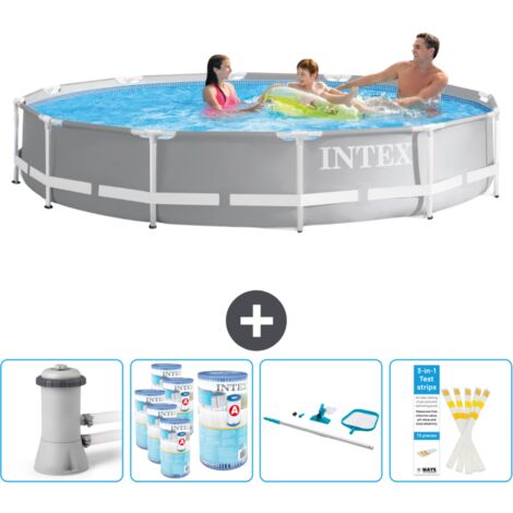 Intex Round Prism Frame Swimming Pool – 366 x 76 cm – Grau – Inklusive Zubehör CB94