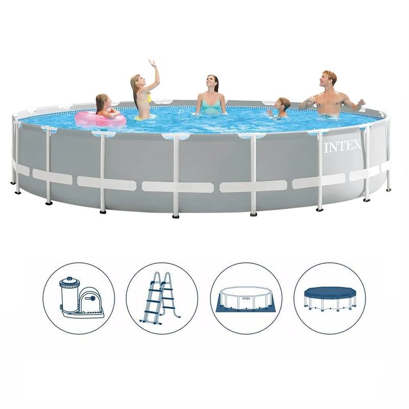 26756NP Piscina Fuori Terra Prisma Frame Rotonda Pompa Filtro 5678 L-h Scaletta Telo Base e Copertura 32695 l Acciaio e pvc Grigio 610x132 cm 610cm