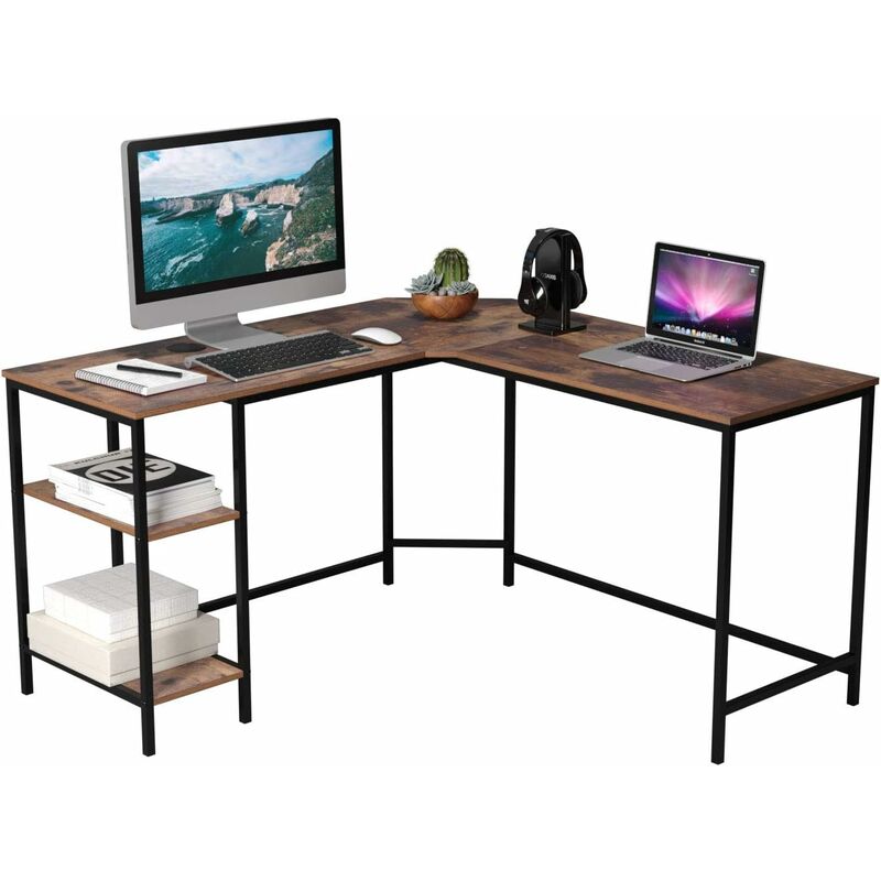 bureau informatique table d'ordinateur table d'angle avec 2 étagères pour bureau de jeu en forme de L grand vintage 135x135x75.5cm - Intey