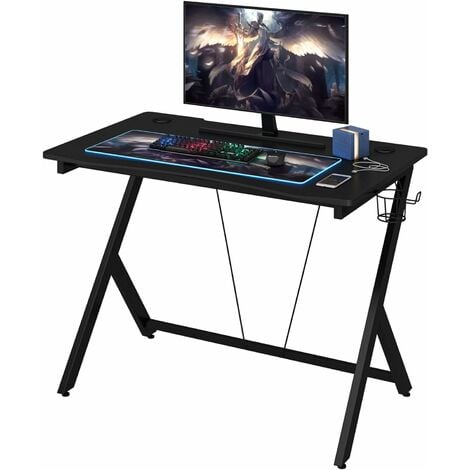 INTEY Gaming Desk, Gaming Table with Cup Holder and Headphone Hook, Carbon Fiber Computer PC Desk, Black, 108x65x75cm