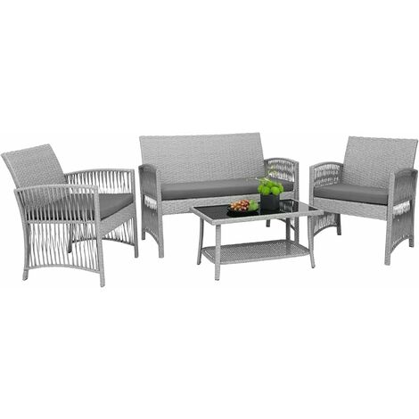 Intey Garden Furniture, Set of Garden Furniture in PE Rattan, Garden Table with 1 Sofa, 2 Chairs and Glass Coffee Table, Comfortable Cushion, for Terrace, Balcony, Lawn, Garden, Outdoor, Gray