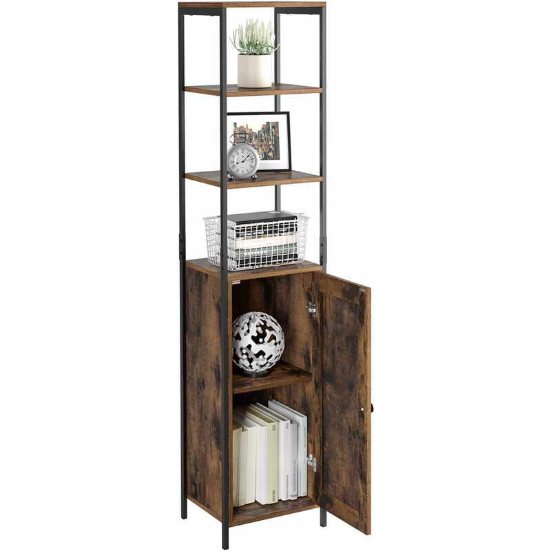 SAGLE Bibliothèque, Meuble de Rangement, Armoire de salle de bain,Style Industriel, avec 3 Étagères et 1 Portes battantes, pour Salon, Bureau à
