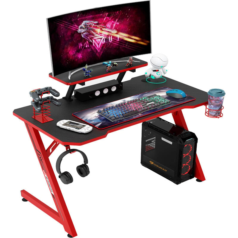 Gaming Tisch Gamingschreibtisch, 110cm Ergonomischer Computertisch, Schreibtisch mit Tischplatte aus Kohlefaser, Gamer Tisch mit Display-Teiler,