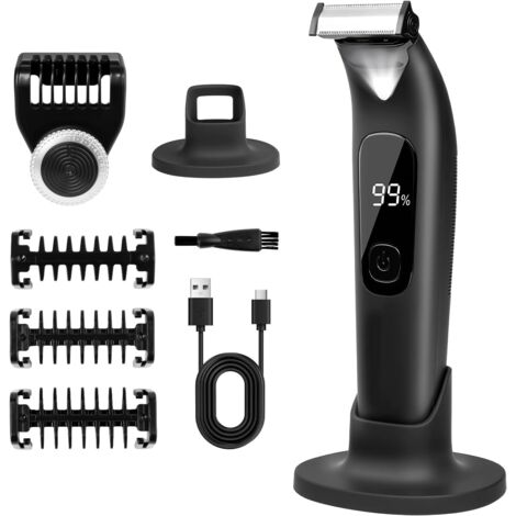 Intimhaartrimmer für Männer, IPX6 wasserdichter Körpertrimmer mit LED, Schneideaufsätzen und Ständer, Nass-/Trockenhaartrimmer für Gesicht und Körper, geeignet für Bart, Intimbereich, Brust und Beine