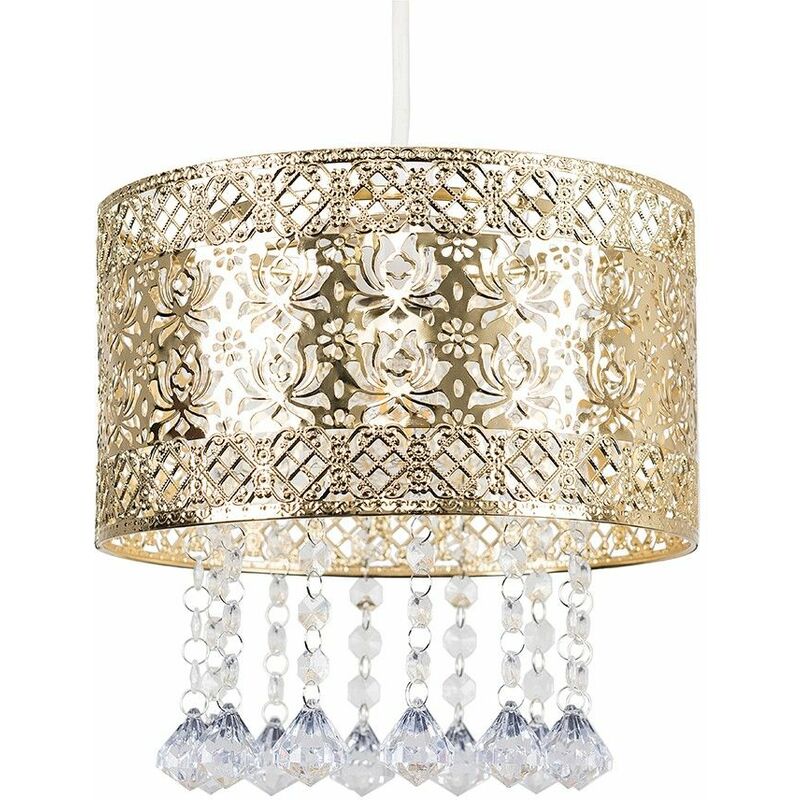 Intricate Pattern Gold Ceiling Pendant Light Shade With Jewel Droplets - No Bulb