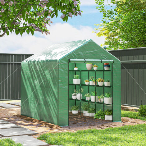 Invernadero de Exterior con Estantes de 4 Niveles Puerta con Cremallera y Marco de Acero 244x180x210 cm Verde