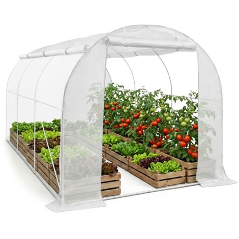 Invernadero de jardín tipo túnel con estructura de metal y cubierta de PE con paredes enrollables, 1 puerta y 6 ventanas Blanco 200x300x200 cm