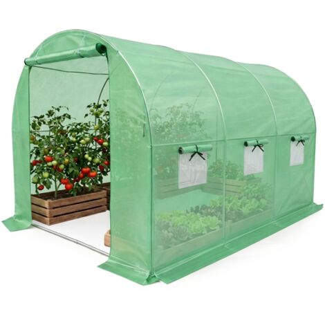 Invernadero de jardín tipo túnel con estructura metálica y cubierta de PE, 1 puerta y 6 ventanas Verde 200x300x200 cm