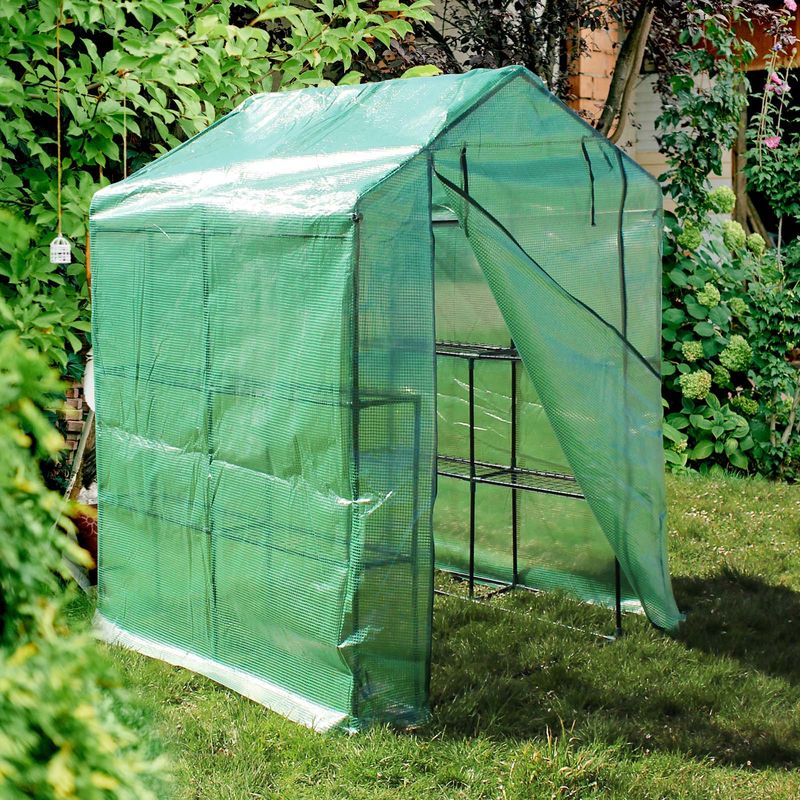 

Invernadero de plástico 143x143x195cm Transitable Con 8 baldas Caseta cultivo plantas Vivero Red PE