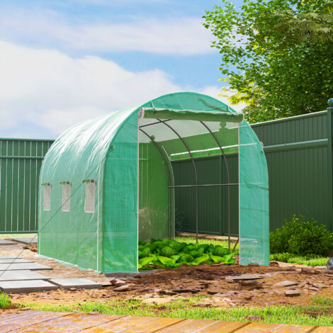Invernadero de Túnel 296x196x200 cm Invernadero de Jardín con 3 Puertas y 6 Ventanas Marco de Acero Galvanizado Verde