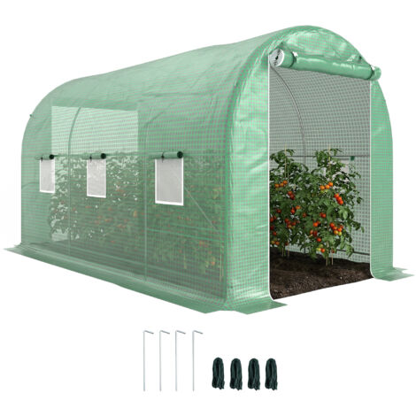 Invernadero de Túnel 4x2x2 m con Puerta Enrollable y 6 Ventanas de Malla  Cubierta PE 140 g/m² Verde