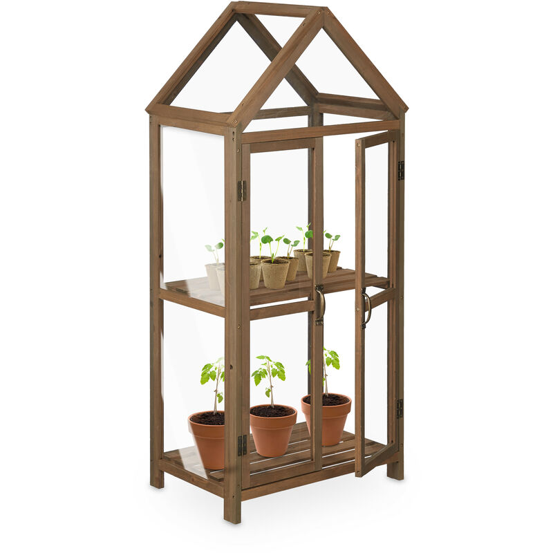 

Invernadero para Balcón, Madera y Plástico, 146x66x47,5 cm, Puerta doble, Armario de Cultivo Terraza, Marrón