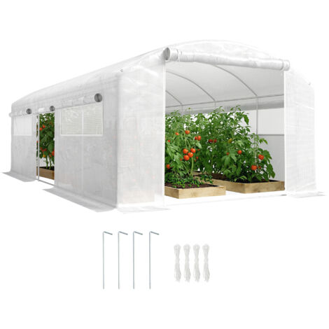 Invernadero tipo túnel de 6x3x2 m con 3 puertas enrollables, 6 ventanas de malla y estructura de acero galvanizado blanco.