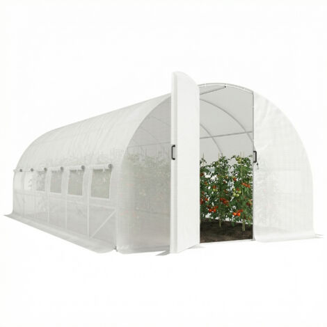 Invernadero tipo túnel de 6x3x2 m con puerta abatible, 12 ventanas de malla y estructura de acero galvanizado blanco.