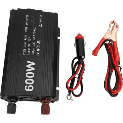 ZOTERNEN Inversor de corriente de 600W, convertidor portátil de CC a CA de onda sinusoidal pura para uso en coche, entrada de 12V, aleación de aluminio, enchufe europeo de 220V