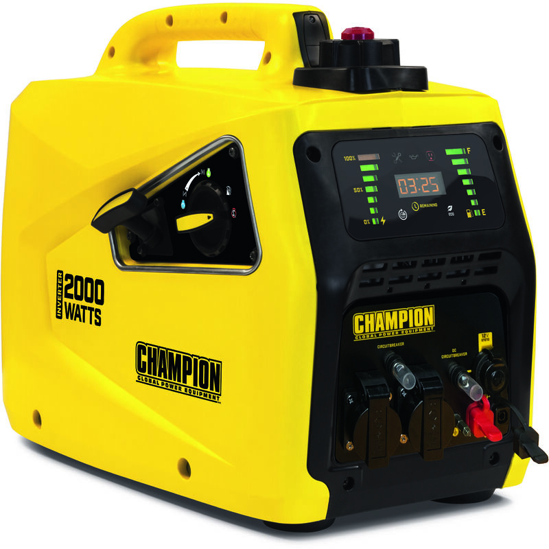 Inversor de corriente de gasolina Champion Power Equipment (2000 vatios, inversor portátil, generador con pantalla led, motor de 80 cm³, tiempo de