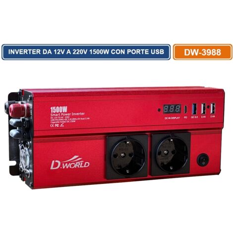 INVERTER CONVERTITORE DA 12V A 220V POTENZA NOMINALE 1500W CON PORTE USB PER CAMPER AUTO DW-3988