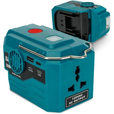 Inverter da 200 W per batteria Makita da 18 V, stazione di alimentazione portatile da CC 18 V a CA 110-120 V con 1 porta USB, 1 porta USB-C, luce LED da 280 lm per uso esterno, campeggio, viaggi