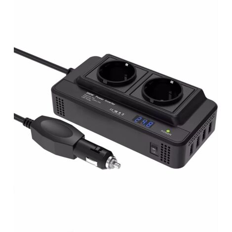 Inverter di potenza per auto da 200 W, da 12 V CC a 220 V CA, con 2 prese CA, 4 porte USB, interruttore di accensione/spegnimento e protezione di sicurezza.