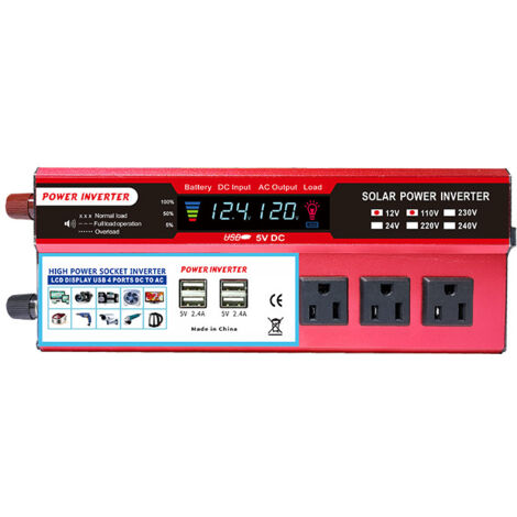Inverteur d'énergie solaire de 2000 watts, Inverteur d'énergie solaire 12V DC à convertisseur AC 110V-120V avec 3 prises AC 2 ports de charge USB, écran LCD pour système d'énergie solaire hors réseau,