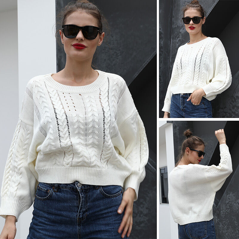 

Invierno Mujer Sueter de punto Cable de punto O-cuello de manga larga Solido de gran tamano Calido Pullover Blusa Tops cortos Blanco,Blanco, L