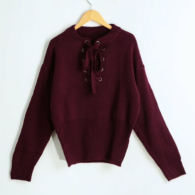 

Invierno Mujer Sueter de punto con cordones Cuello en V Mangas largas Punos acanalados Dobladillo Sueter calido Prendas de punto
