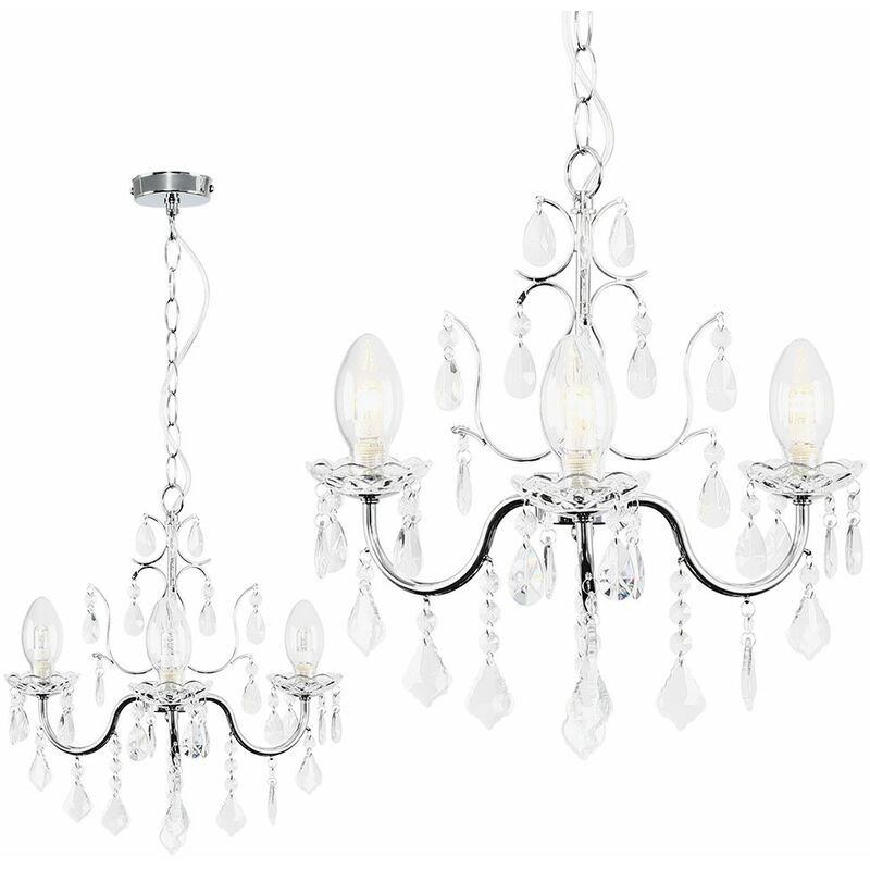 Ip44 3 Way Chrome Bathroom Ceiling Light Chandelier Clear Glass Droplets
