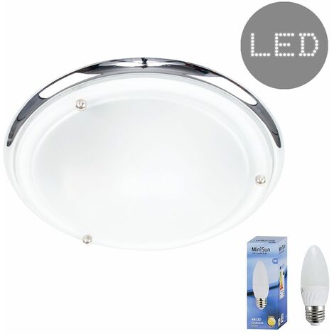IP44 Flush Bathroom Ceiling Light + 4W Warm White LED Candle Bulb - Chrome