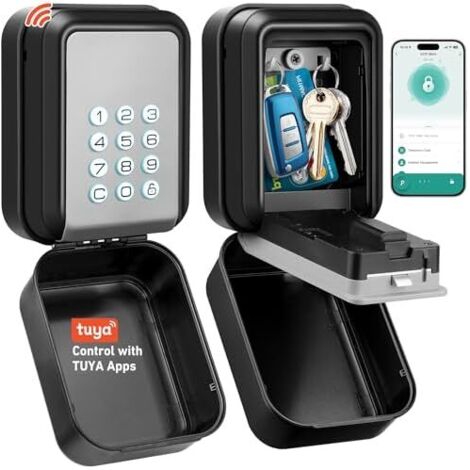 IP65 Waterproof Outdoor Secure Key Box, Wall-Mounted Key Box with Backlit Code, TTLock Anti-Theft Bluetooth Connected Key Box & Multiple Codes (Grey, Tuya Apps)