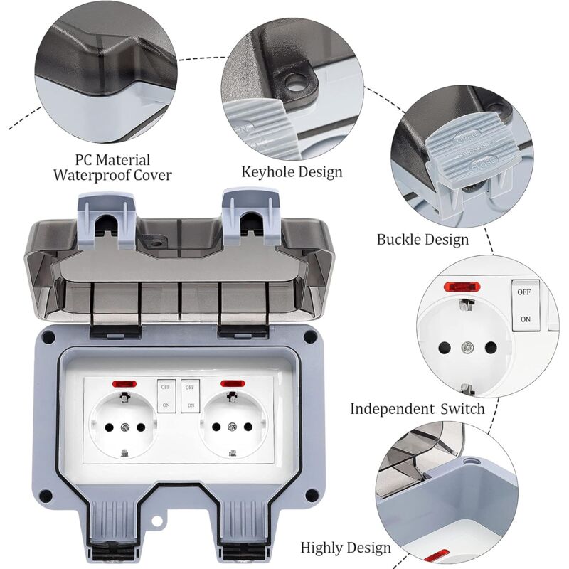 Ugreat - IP66 Waterproof Outdoor Socket Double Power Socket and Protective Shutter Garden Wall Power Strip, Dustproof and Windproof Socket with