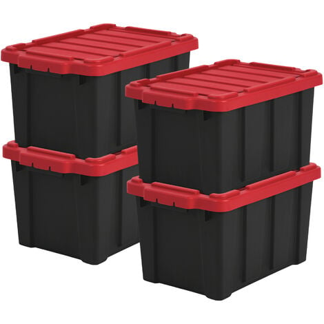 Iris Ohyama, 21L Plastik Aufbewahrungsbox für die Garage, 4er Set, DDSKT-210, Schwarz/Rot, L46.5 x T29.5 x H25.5 cm.