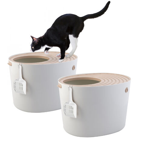 Iris Ohyama, 2er-Pack, Katzentoilette mit geriffeltem Deckel, kein Geruch und kein Auslaufen von Streu, großer Eingang, inkl. Schaufel, für Katze - Cat Litter Box Jump-In PUNT-530 - Weiß/Beige