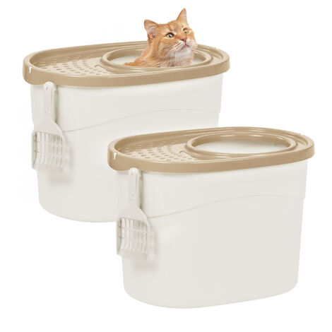 Iris Ohyama, 2er-Pack, Katzentoilette mit perforiertem Deckel, geruchsneutral, großer Eingang, inkl. Schaufel, für Katzen - Top Entry Cat Litter Box TECL-20x2 - Weiß/Beige