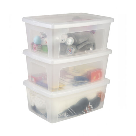 Iris Ohyama 3 Cajas de Almacenaje PlÃ¡stico VersÃ¡tiles con Tapa, 11L, Transparente, Cierre fÃ¡cil, Apilable, para Armario, Estante, Aula, Organizadora, Ropa, Zapatos, Libre de BPA, MCB-11
