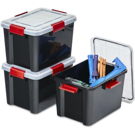 Iris Ohyama 3 Cajas herméticas de plástico con tapa y cierres a presión, 20L, Negro, sello impermeable, apilables, antipolvo, para ropas, camping, exteriores, cubo de almacenaje, box, AT-SD