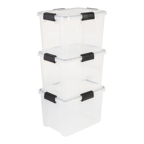 Iris Ohyama 3 Cajas herméticas de plástico con tapa y cierres a presión, 20L, Transparente, sello impermeable, apilables, antipolvo, para ropas, camping, exteriores, cubo de almacenaje, box, DDAT-SD