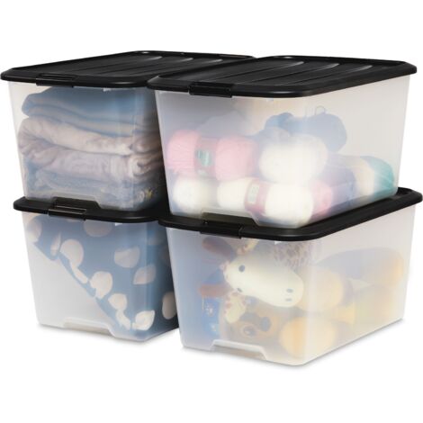 Iris Ohyama 4 Cajas de almacenaje con tapa y cierres a presión, 45L, Negro, apilables, encajables, contenador para ropas, juguetes, hogar, oficina y armario, organizar espacio, plástico, TB-45