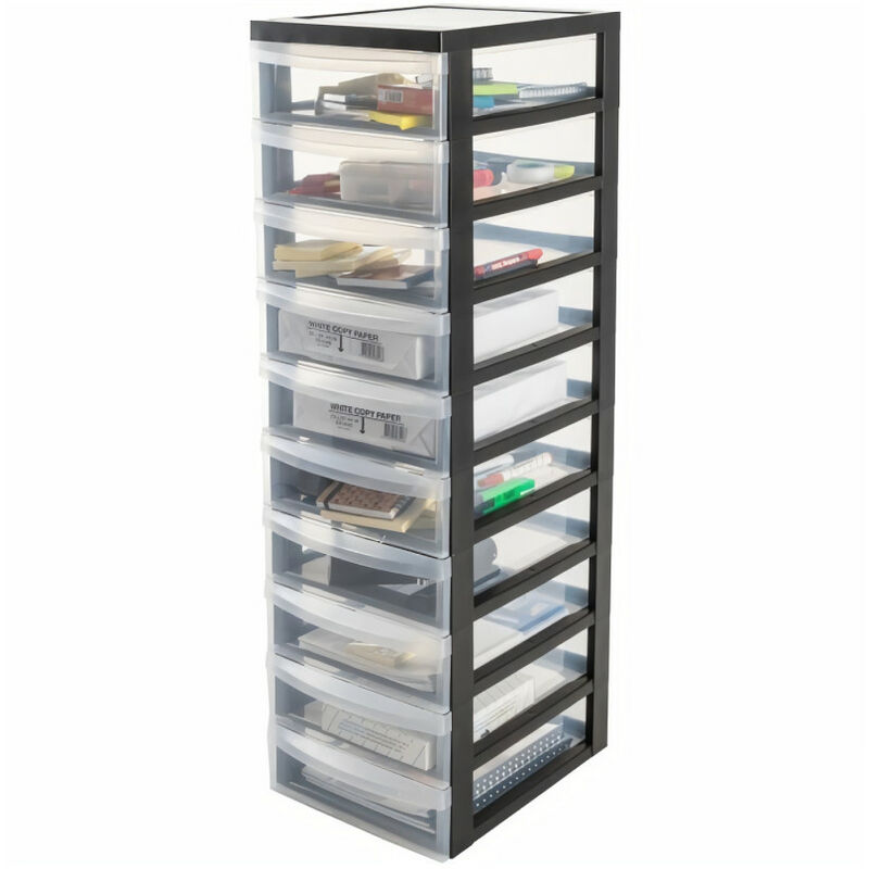 Armoire de rangement - 10 tiroirs de 7 L - Avec roues - Poignées ergonomiques - L29 x P37,5 x H100,5 cm - Noir - Iris Ohyama