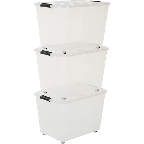 Iris Ohyama, Aufbewahrungsbox aus Kunststoff, 60 l Büro-Aufbewahrungsbox, 3er-Set, TBRH-60, transparent, stapelbar, Verschlussclips – B39 x T57,5 x H38 cm