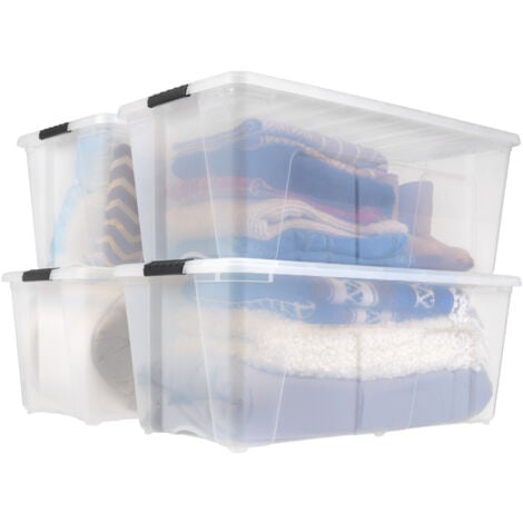 Iris Ohyama Aufbewahrungsbox mit Deckel, 80L, 4er-Set, Transparent, Schnappverschlüsse mit Griffen, Stapelbar, Stark & Langlebig, Für Kleidung, Garage, Zuhause, Büro, Plastikbox, Lagerung TB-84D